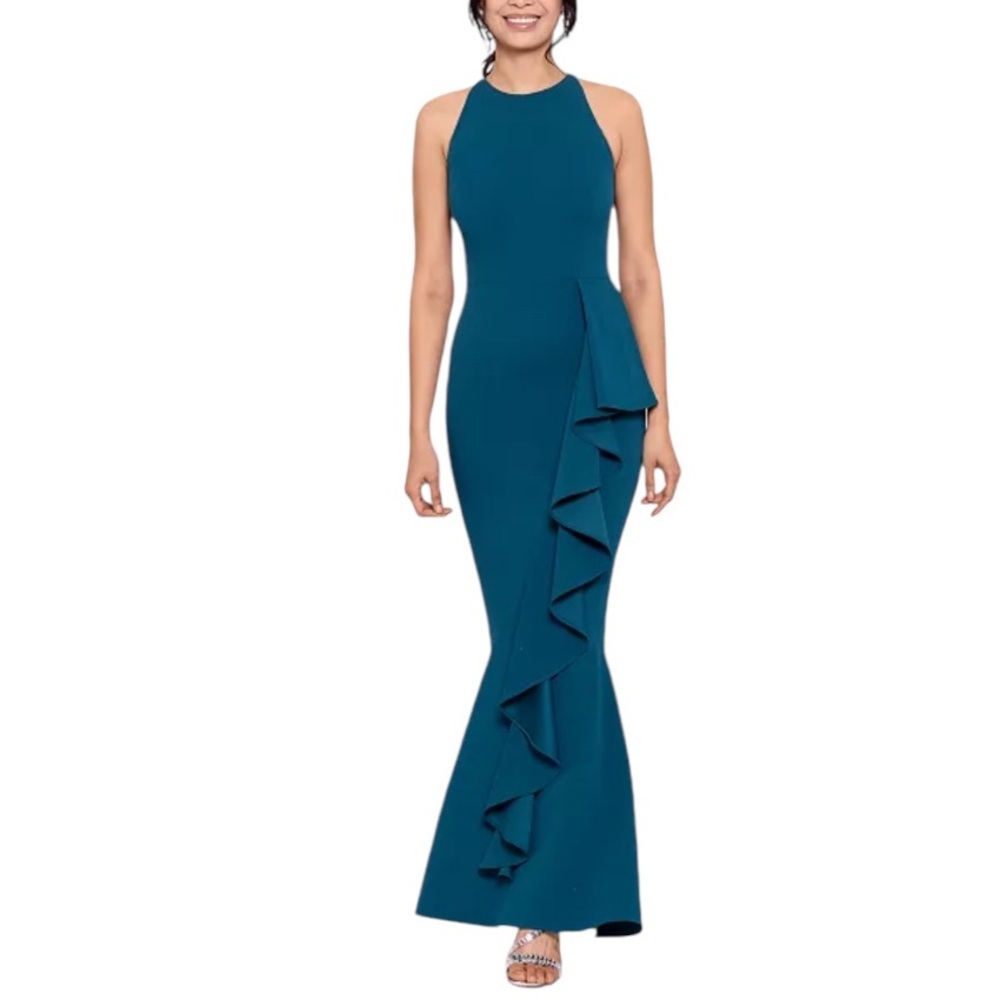Betsy & Adams NEW Halter Crepe Mermaid Gown Azure 8 Wedding Prom Homecoming